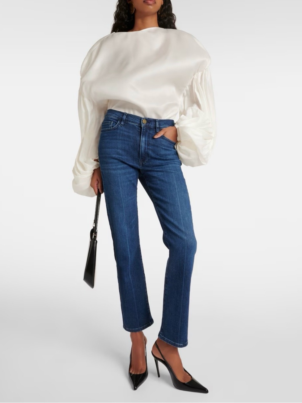 FRAME Le High Straight Jeans in Medium Blue with Gold Hardware